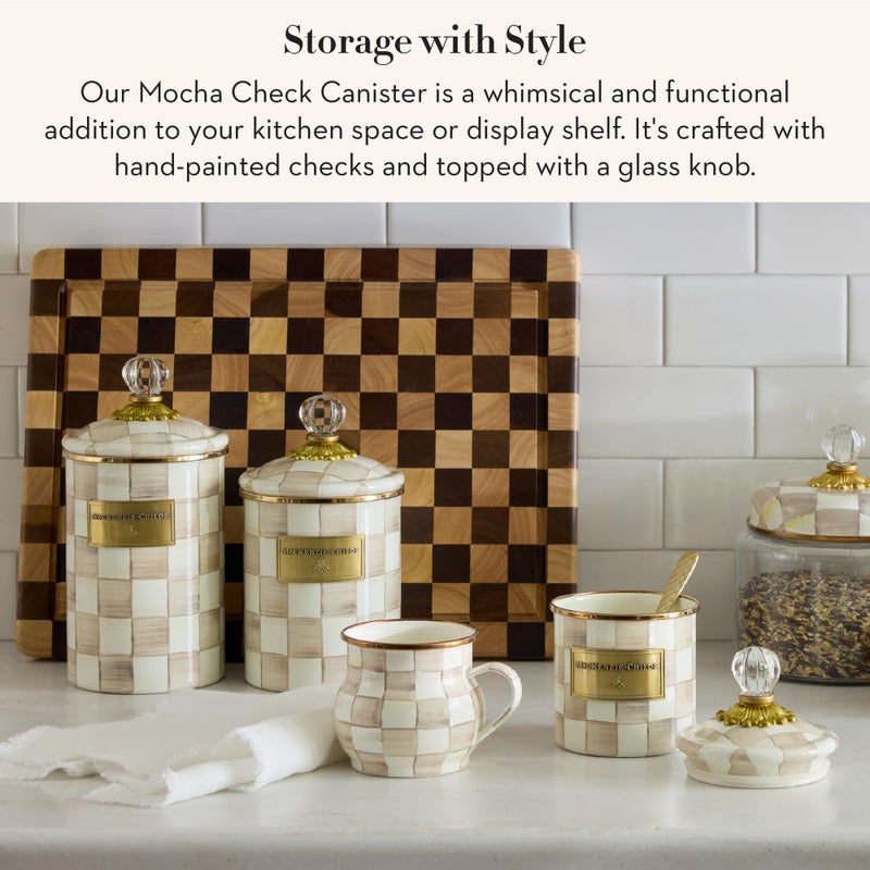 mackenzie childs MACKENZIE-CHILDS Medium Enamel Canister, Kitchen Storage Container with Lid, Brown-and-White Mocha Check - Image 1