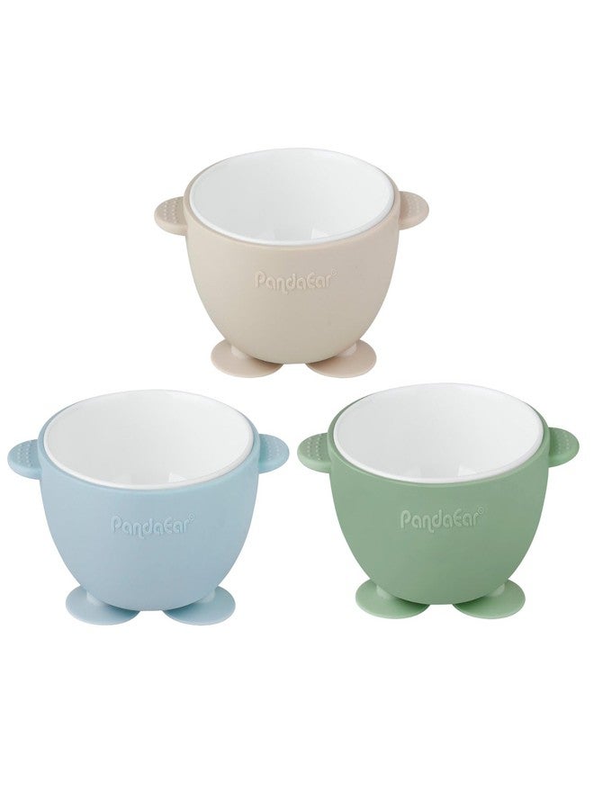 PandaEar 3 Pack Ceramic Baby Bowls with Silicone Sleeves | Non-Slip Suction Base, Microwave & Dishwasher Safe Toddler Bowls | BPA Free Baby Feeding Bowls Set (Blue/Green/Beige) - Image 4
