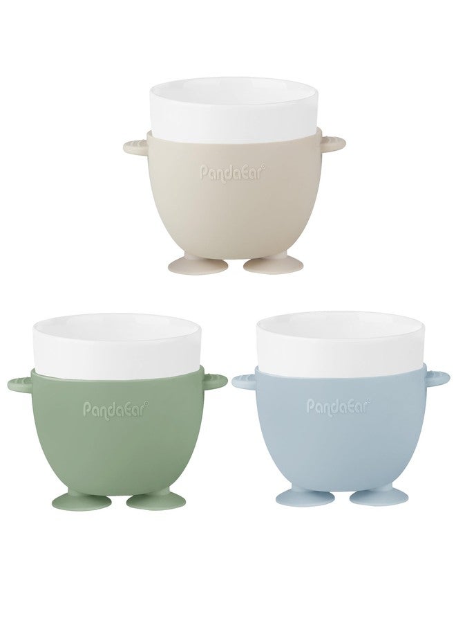 PandaEar 3 Pack Ceramic Baby Bowls with Silicone Sleeves | Non-Slip Suction Base, Microwave & Dishwasher Safe Toddler Bowls | BPA Free Baby Feeding Bowls Set (Blue/Green/Beige) - Image 5