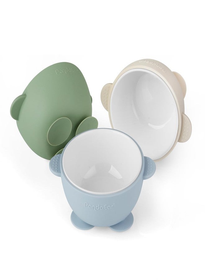 PandaEar 3 Pack Ceramic Baby Bowls with Silicone Sleeves | Non-Slip Suction Base, Microwave & Dishwasher Safe Toddler Bowls | BPA Free Baby Feeding Bowls Set (Blue/Green/Beige) - Image 1