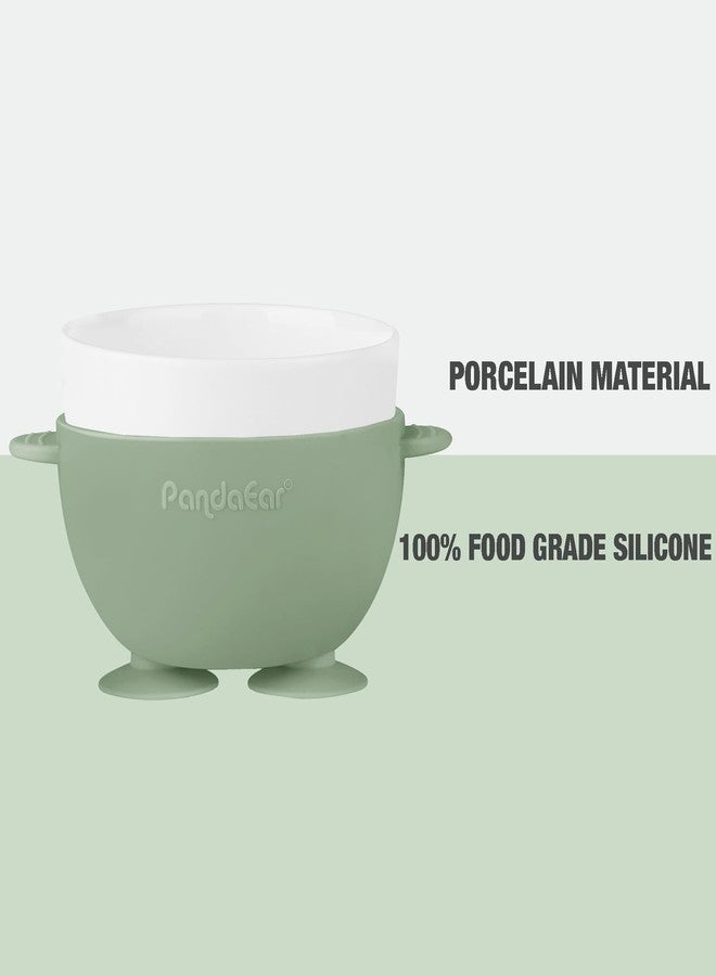PandaEar 3 Pack Ceramic Baby Bowls with Silicone Sleeves | Non-Slip Suction Base, Microwave & Dishwasher Safe Toddler Bowls | BPA Free Baby Feeding Bowls Set (Blue/Green/Beige) - Image 3