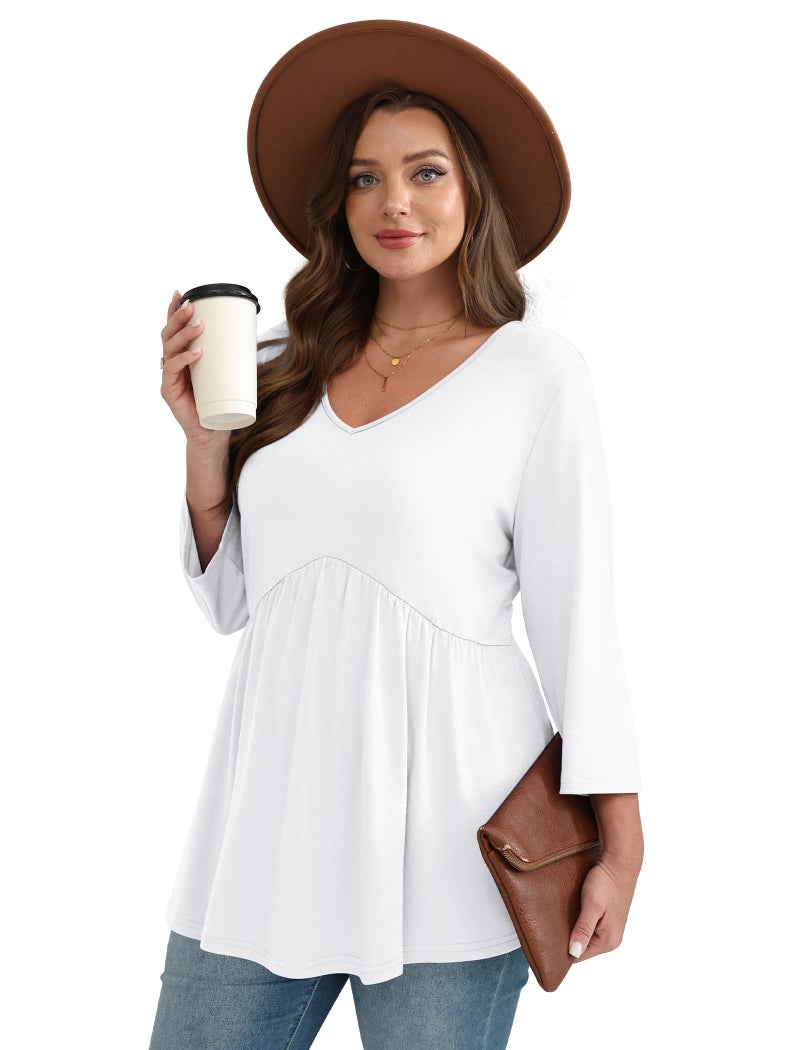 OFEEFAN Plus Size Clothes Fall Outfits for Women Maternity Clothes Womens 3/4 Sleeve Tops Spring Fashion Clothing Babydoll Shirts Work Tops Business Casual Chic White 3XL - Image 3
