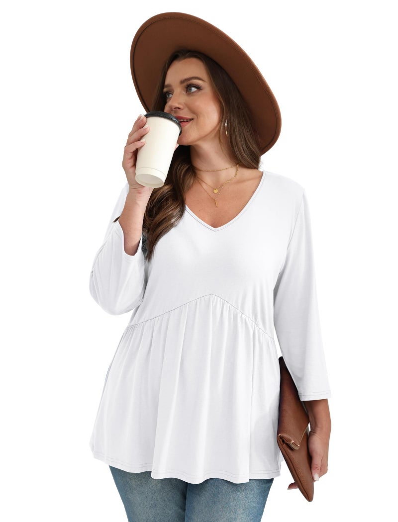 OFEEFAN Plus Size Clothes Fall Outfits for Women Maternity Clothes Womens 3/4 Sleeve Tops Spring Fashion Clothing Babydoll Shirts Work Tops Business Casual Chic White 3XL - Image 4