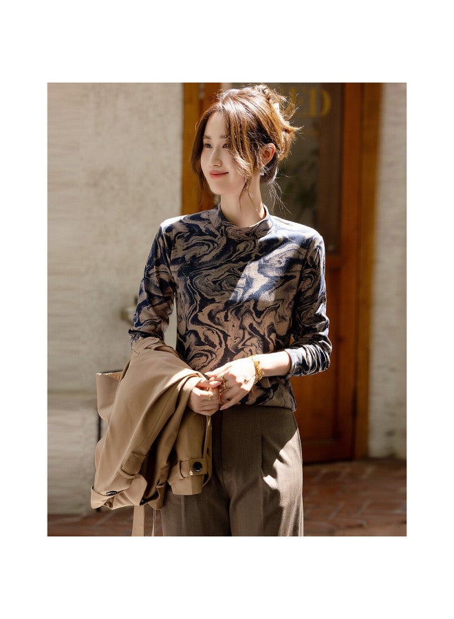 dme Demana [ancient Scroll Danqing] Winter National Style New Chinese Ink White Printed Base Shirt Half High Collar Inner Wear Women's Top - Image 4