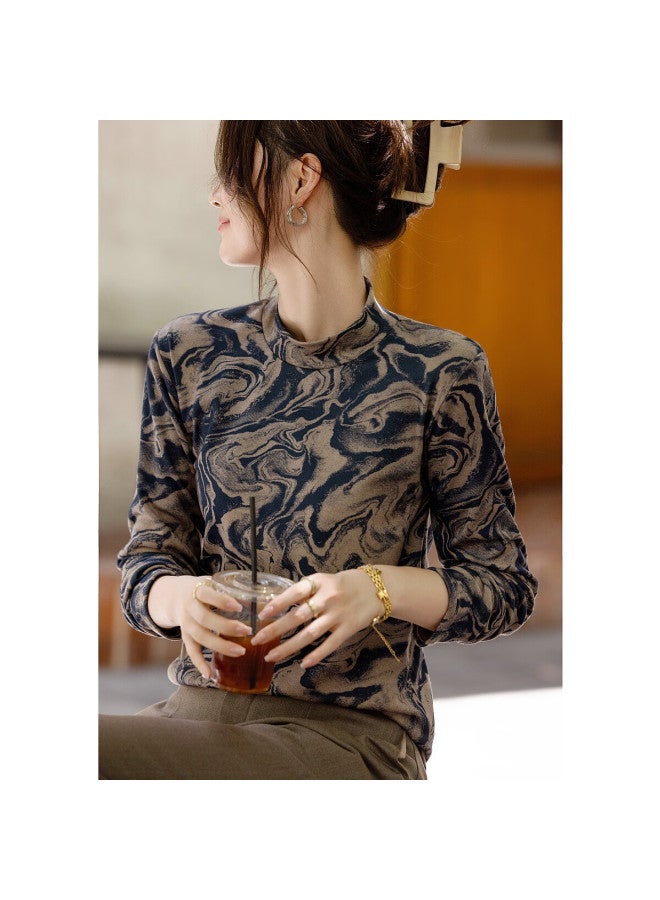 dme Demana [ancient Scroll Danqing] Winter National Style New Chinese Ink White Printed Base Shirt Half High Collar Inner Wear Women's Top - Image 1