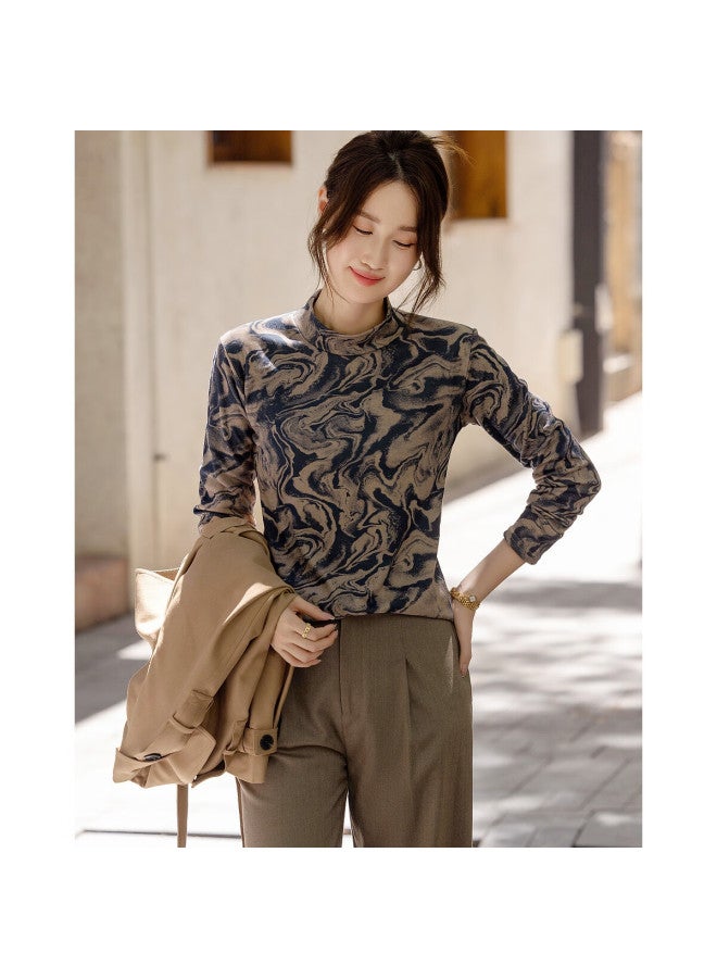 dme Demana [ancient Scroll Danqing] Winter National Style New Chinese Ink White Printed Base Shirt Half High Collar Inner Wear Women's Top - Image 2