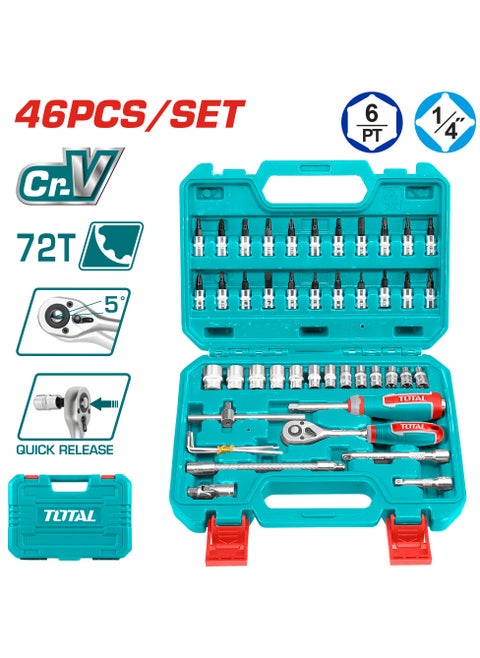 Super Total 46-Piece 1/4" Socket Set – Includes Ratchet, Extensions, Bit Sockets, and Tool Box, Made from High-Quality Cr-V Steel for Versatile Automotive, Mechanical and Home Use
