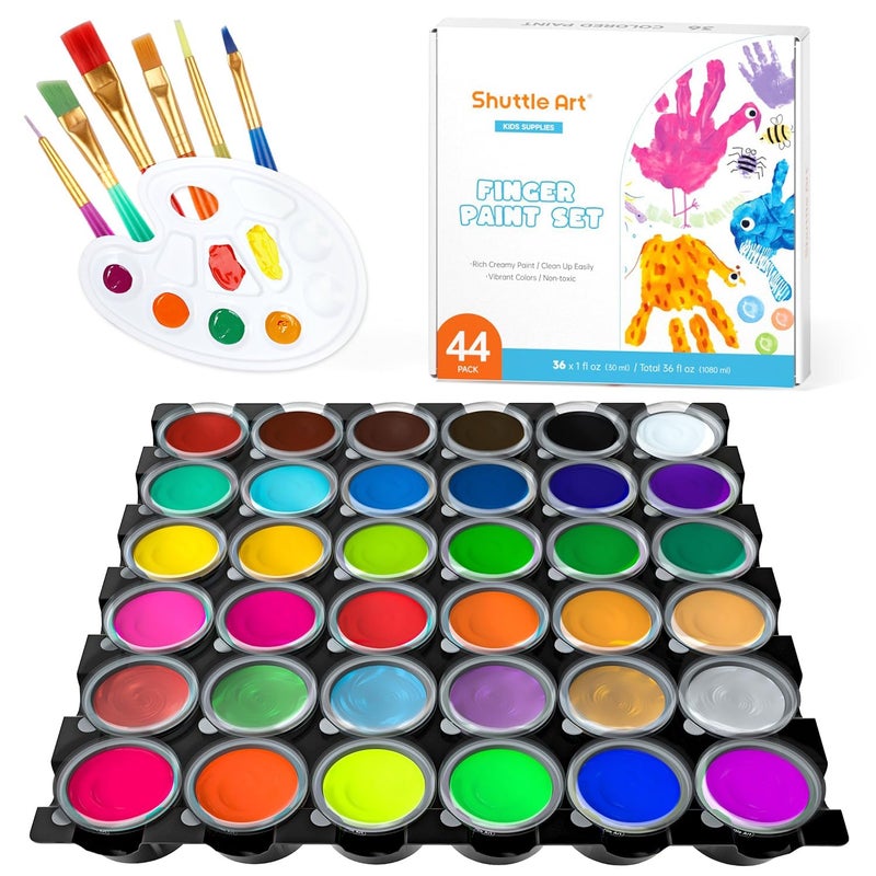 Shuttle Art Washable Finger Paint, 44 PCS with 36 Colors (1 fl oz) Toddler Paint, Paint Brushes, Palette, Non-Toxic Finger Painting for Toddlers - Image 1