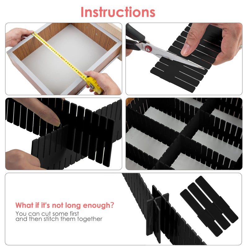 Ptanok 45 Pack Drawer Dividers, Plastic Adjustable Drawer Storage Organizer for Tidying Clutter Socks, Underwear, Makeup, Kitchen, Dresser Black - Image 3