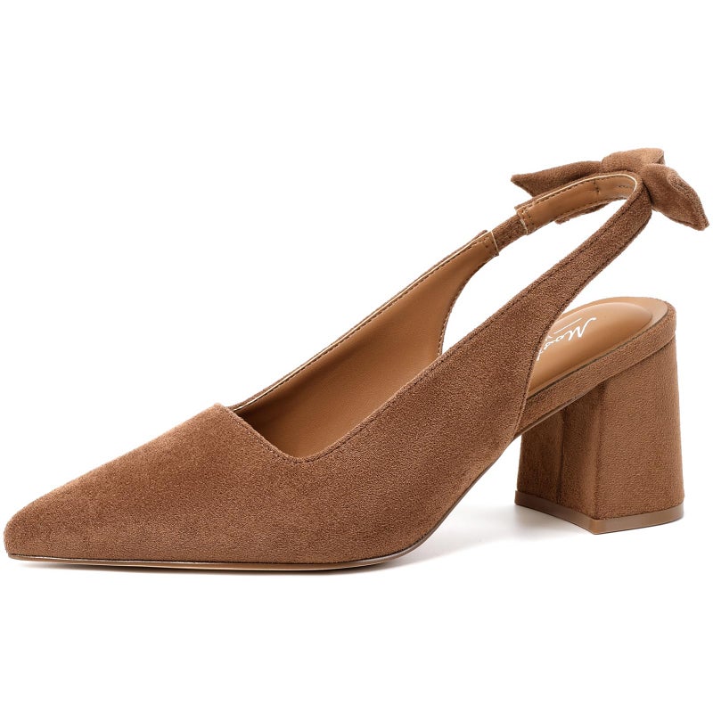 Mostrin Brown Suede Block Slingback Heels for Women Pointed Closed Toe Chunky Heels Bow Women's Pumps for Office Work Business Casual - Image 1