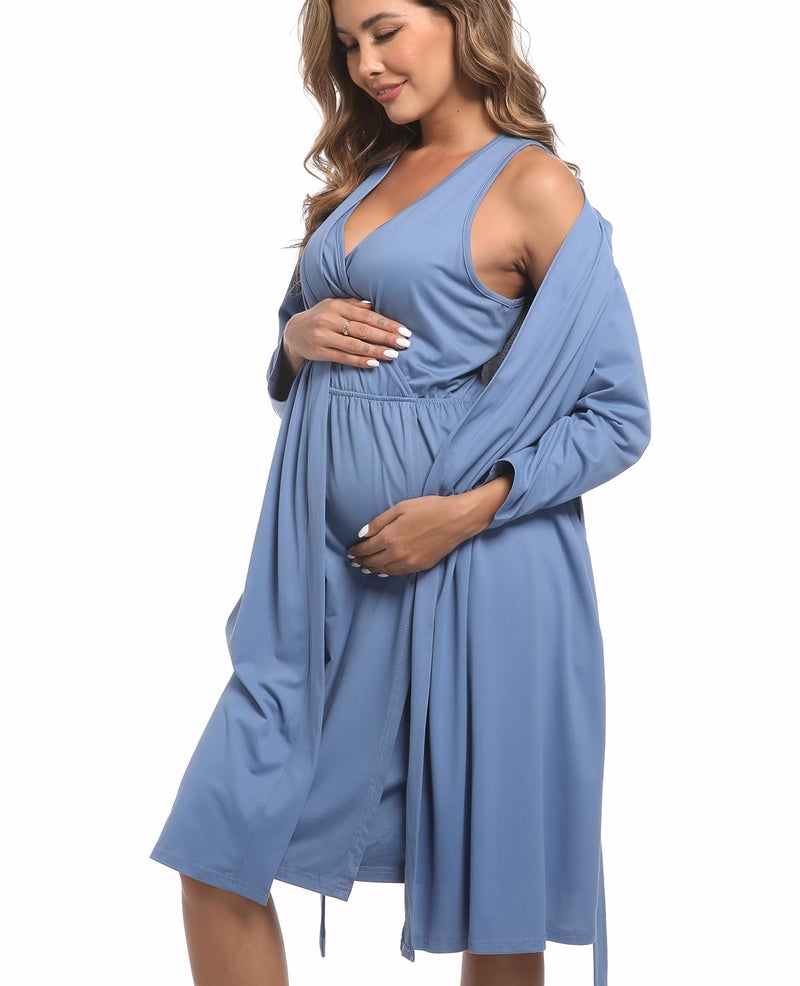 QTECLOR Mommy Robe for Maternity with Matching Swaddle Blanket, Delivery Labor Robe for Hospital Women Dress (US, Alpha, XX-Large, Regular, Regular, 5SetA29Blue) - Image 2
