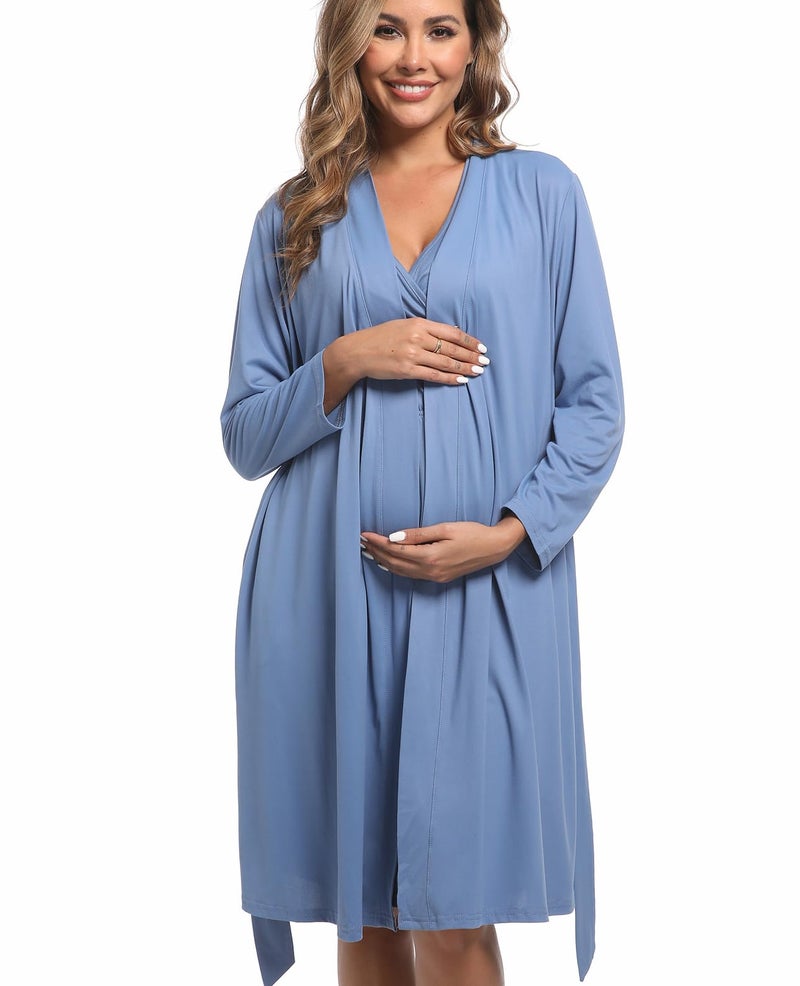 QTECLOR Mommy Robe for Maternity with Matching Swaddle Blanket, Delivery Labor Robe for Hospital Women Dress (US, Alpha, XX-Large, Regular, Regular, 5SetA29Blue) - Image 4