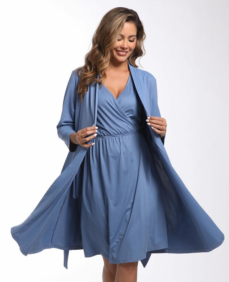 QTECLOR Mommy Robe for Maternity with Matching Swaddle Blanket, Delivery Labor Robe for Hospital Women Dress (US, Alpha, XX-Large, Regular, Regular, 5SetA29Blue) - Image 5