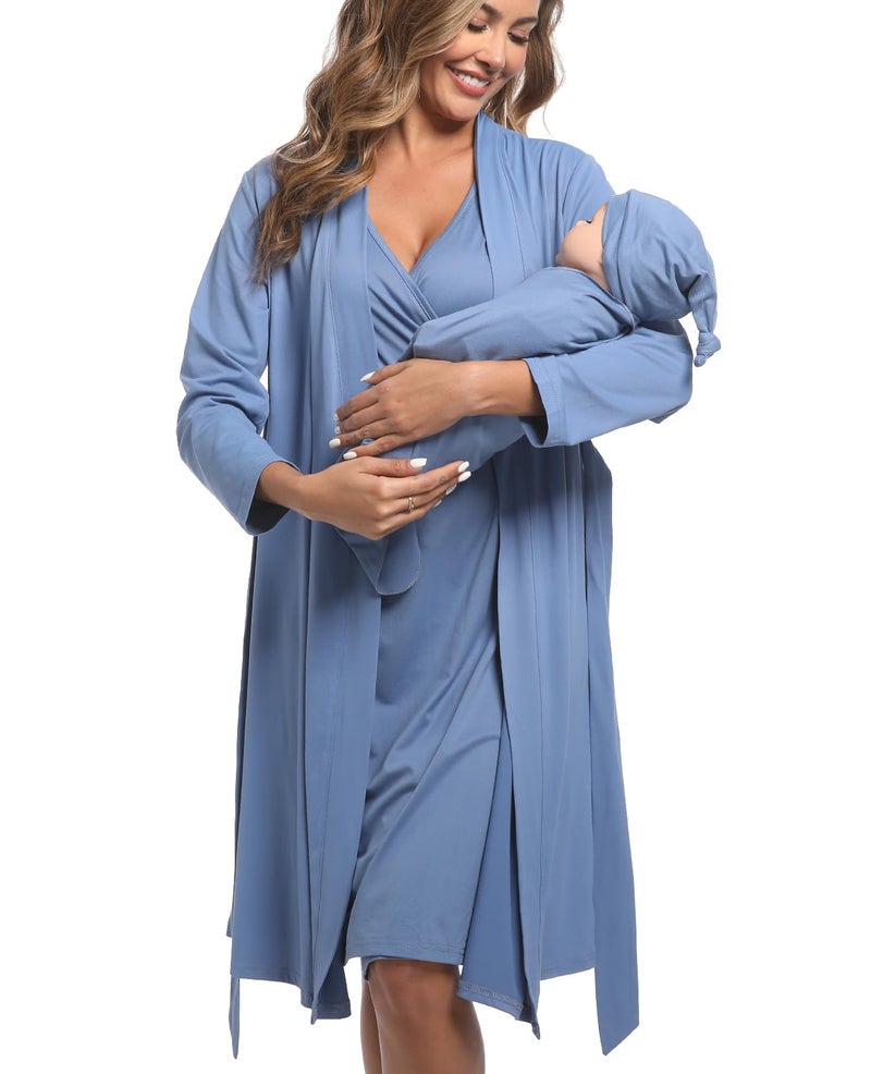 QTECLOR Mommy Robe for Maternity with Matching Swaddle Blanket, Delivery Labor Robe for Hospital Women Dress (US, Alpha, XX-Large, Regular, Regular, 5SetA29Blue) - Image 1