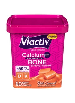 Viactiv Calcium +Vitamin D3 Supplement Soft Chews, Caramel, 60 Chews - Calcium Dietary Supplement for Bone Health