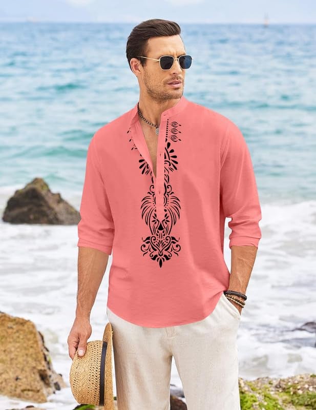 FINIVO FASHION Men’s Cotton Blend Short Kurta with Bold Printed Front Design | Full Sleeve Ethnic Casual Kurta with Mandarin Collar | Artistic Festival & Travel Wear for Modern Ethnic Style Peach - Image 3