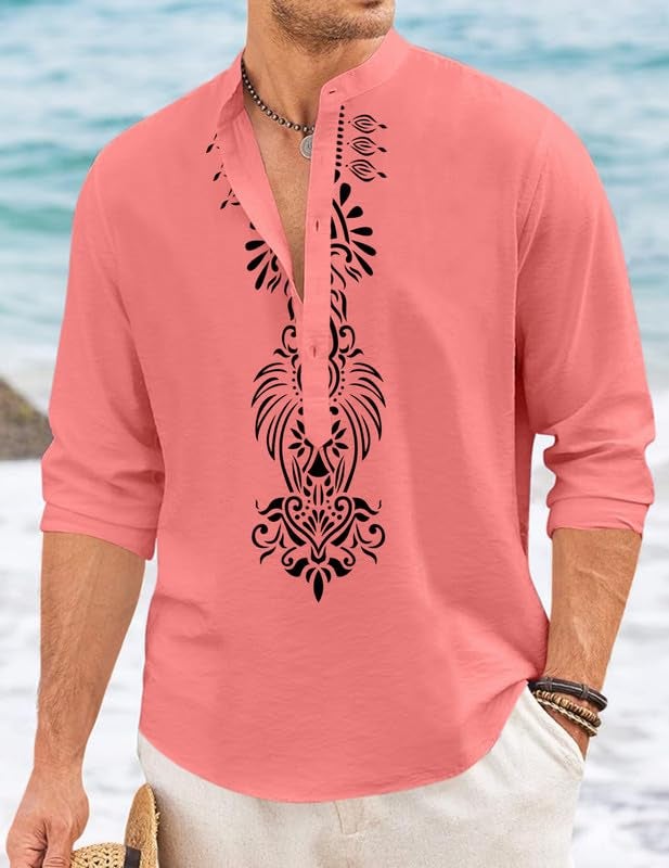 FINIVO FASHION Men’s Cotton Blend Short Kurta with Bold Printed Front Design | Full Sleeve Ethnic Casual Kurta with Mandarin Collar | Artistic Festival & Travel Wear for Modern Ethnic Style Peach - Image 4