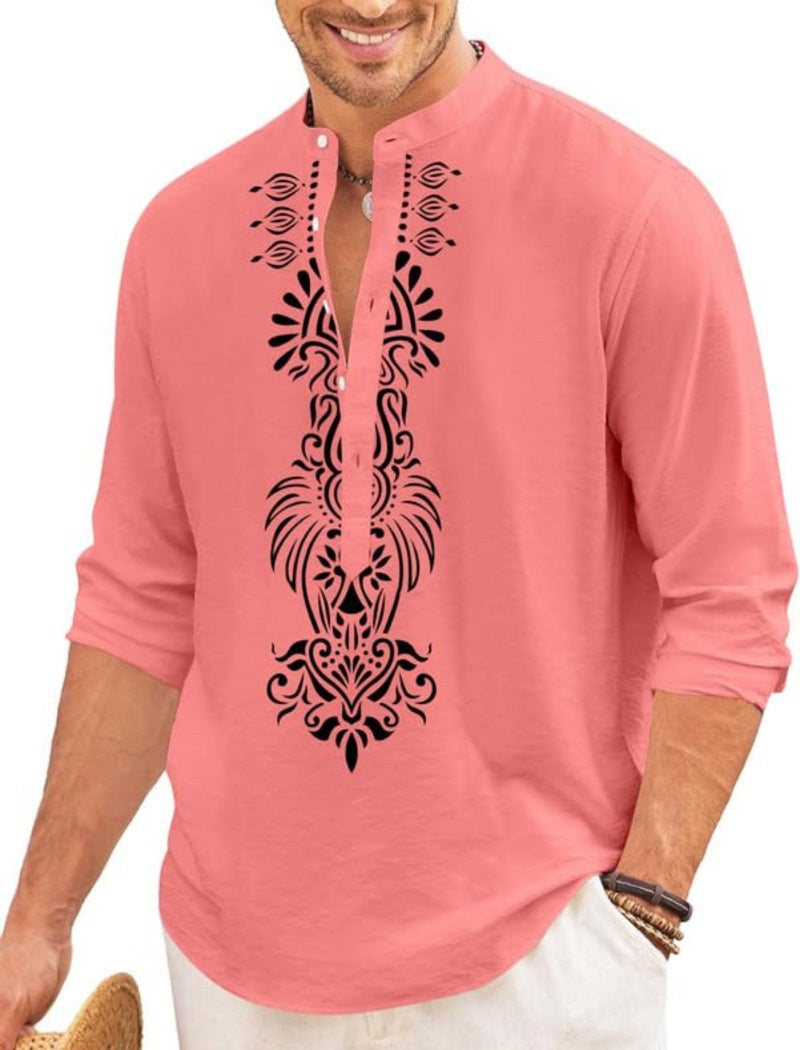 FINIVO FASHION Men’s Cotton Blend Short Kurta with Bold Printed Front Design | Full Sleeve Ethnic Casual Kurta with Mandarin Collar | Artistic Festival & Travel Wear for Modern Ethnic Style Peach - Image 1