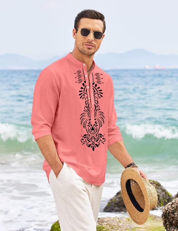 FINIVO FASHION Men’s Cotton Blend Short Kurta with Bold Printed Front Design | Full Sleeve Ethnic Casual Kurta with Mandarin Collar | Artistic Festival & Travel Wear for Modern Ethnic Style Peach - Image 2