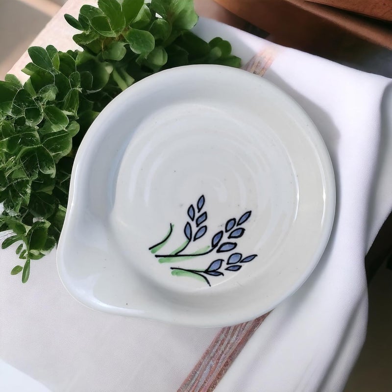 MALAIKAH Ceramic Spoon Rest Small Blue Leaf HandPainted Ideal for Kitchen Tableware Cutlery Rest Pack of 1 - Image 2