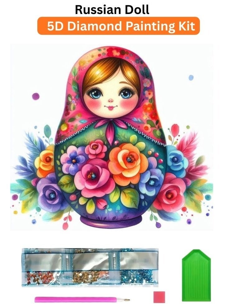 Diamond Painting Kit 5D Diamond Art Set for Kids & Adults DIY Wall Decor Craft, Russian Doll Design, Acrylic Diamonds, Adhesive Canvas with Wooden Frame, Relaxing Hobby Art Kit, 20x20 cm - Image 1