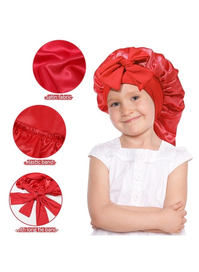 Long Toddler Silk Bonnet for Sleeping Elastic Satin Bonnets for Curly Hair Braid Bonnet Night Cap for Aged 3-12 Kids (Red)