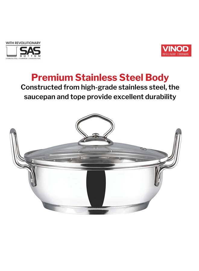 VINOD قدر فينود من الفولاذ المقاوم للصدأ مع غطاء زجاجي - 3.7 لتر، 26 سم | سميك إضافي، قاعدة ثقيلة SAS | قدر للطهي | قاعدة تعمل بالحث والغاز | ضمان لمدة 2 سنة - فضي - Image 1