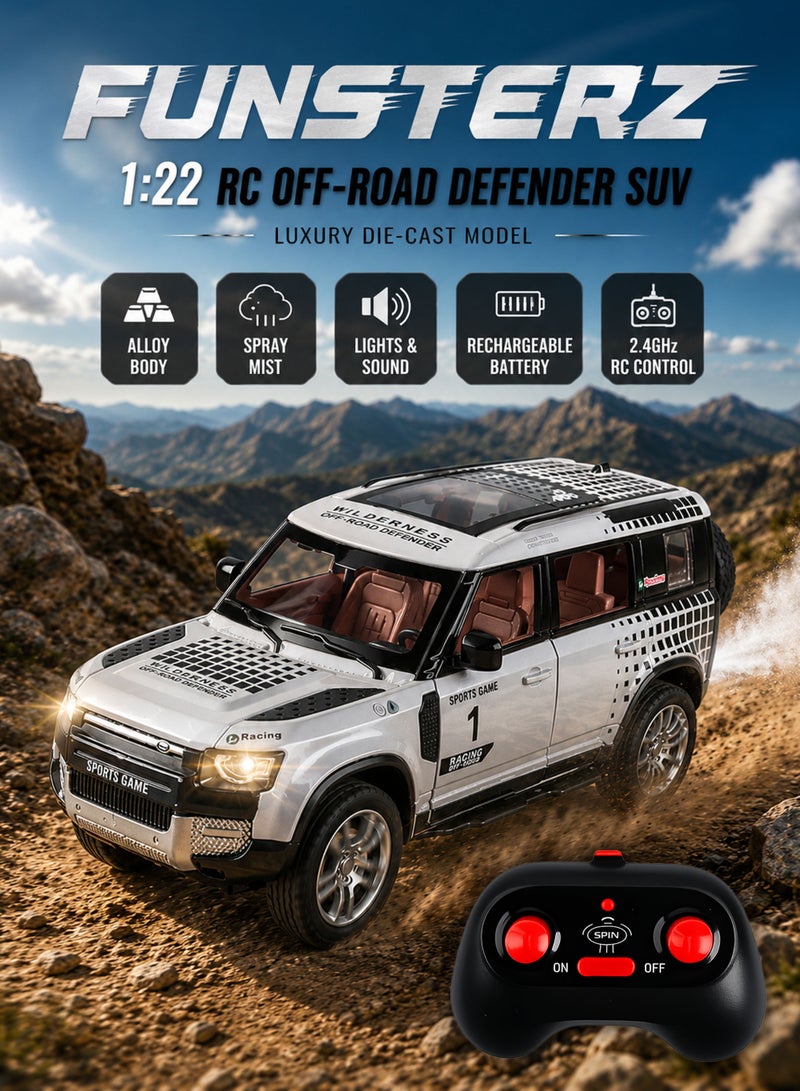 Funsterz 1:22 RC Off-Road Defender SUV Die-Cast Alloy Remote Control Car with Realistic Spray Mist Smoke Effect, LED Headlights, Engine Sound Effects, Opening Doors, Rechargeable Battery, 2.4GHz Full Function RC Luxury Offroad Vehicle Toy Car for Kids Boys Girls Teenagers Collectors Indoor Outdoor Adventure Play Gift - Image 1