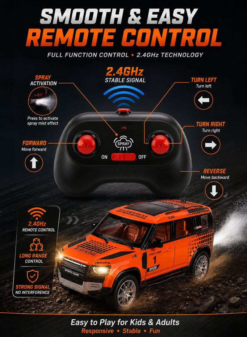 Funsterz 1:22 RC Off-Road Defender SUV Die-Cast Alloy Remote Control Car with Realistic Spray Mist Smoke Effect, LED Headlights, Engine Sound Effects, Opening Doors, Rechargeable Battery, 2.4GHz Full Function RC Luxury Offroad Vehicle Toy Car for Kids Boys Girls Teenagers Collectors Indoor Outdoor Adventure Play Gift - Image 4