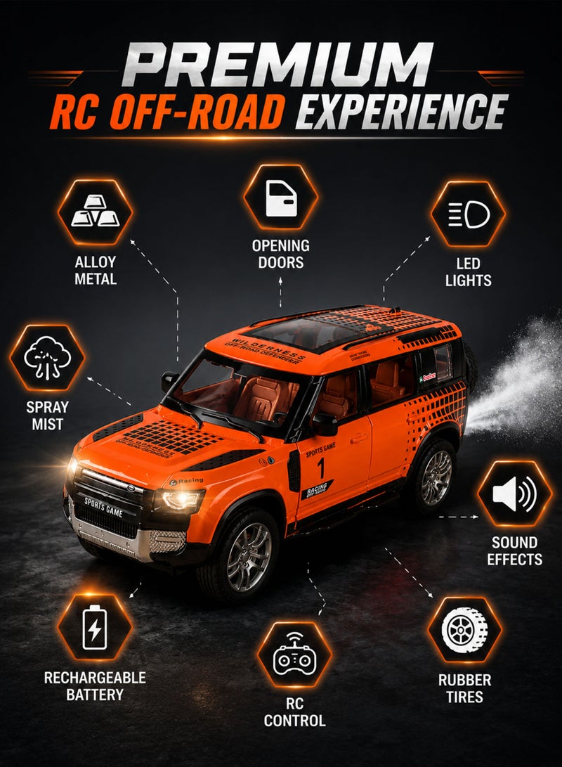Funsterz 1:22 RC Off-Road Defender SUV Die-Cast Alloy Remote Control Car with Realistic Spray Mist Smoke Effect, LED Headlights, Engine Sound Effects, Opening Doors, Rechargeable Battery, 2.4GHz Full Function RC Luxury Offroad Vehicle Toy Car for Kids Boys Girls Teenagers Collectors Indoor Outdoor Adventure Play Gift - Image 2