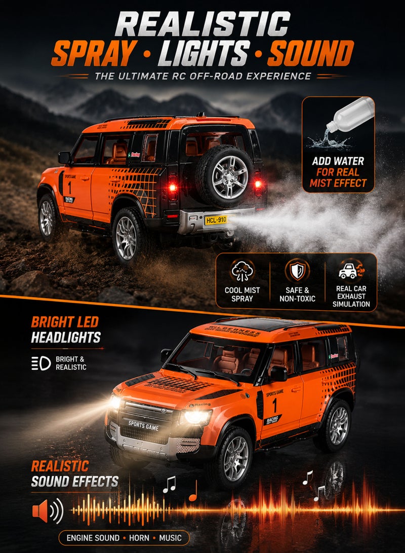 Funsterz 1:22 RC Off-Road Defender SUV Die-Cast Alloy Remote Control Car with Realistic Spray Mist Smoke Effect, LED Headlights, Engine Sound Effects, Opening Doors, Rechargeable Battery, 2.4GHz Full Function RC Luxury Offroad Vehicle Toy Car for Kids Boys Girls Teenagers Collectors Indoor Outdoor Adventure Play Gift - Image 3