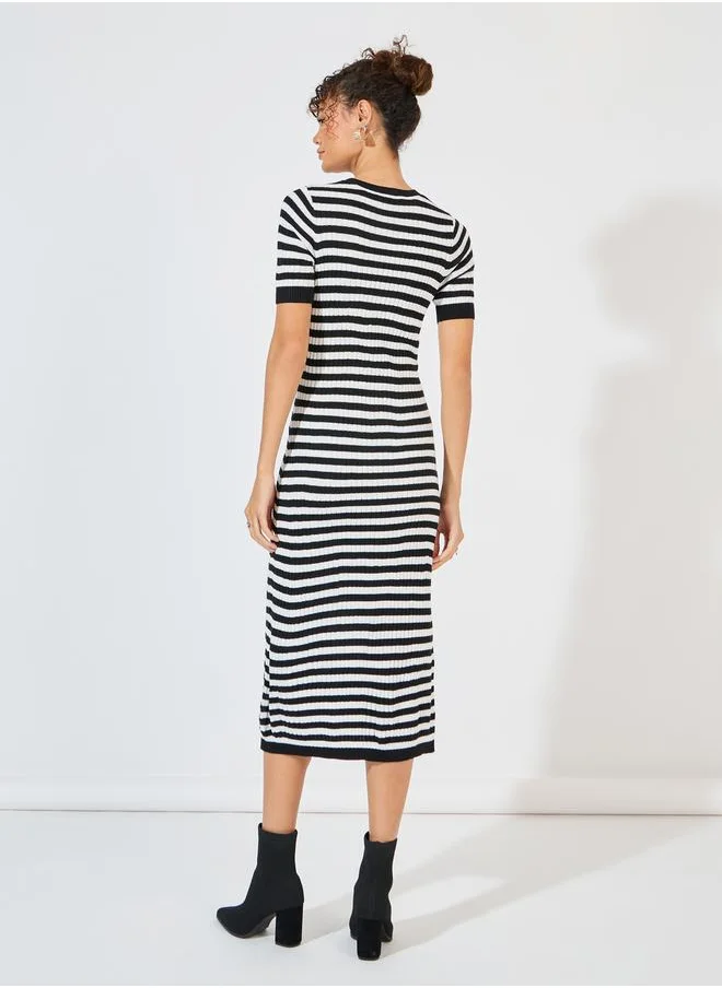 Styli Striped Knit Sweater Midi Dress