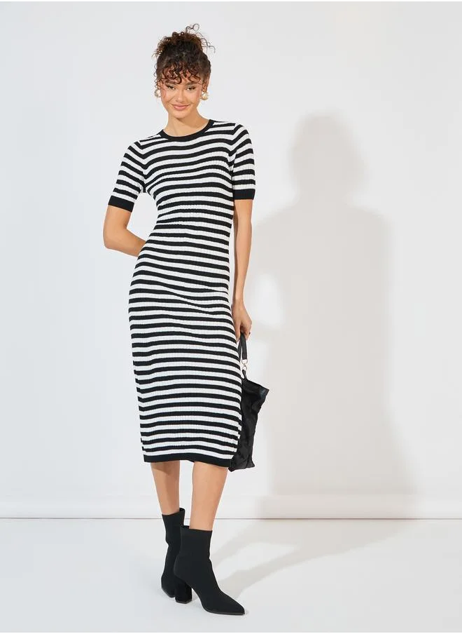 Styli Striped Knit Sweater Midi Dress