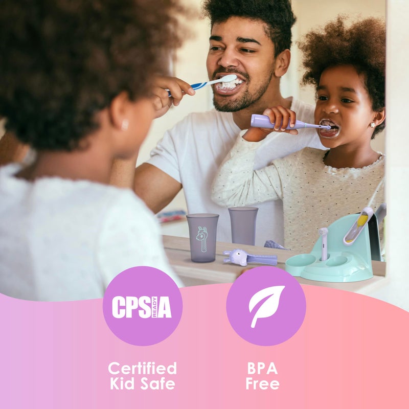 Brusheez مجموعة فرشاة الأسنان الكهربائية للأطفال من بروشيز - آمنة وفعالة للأعمار 3+ - تم اختبارها والموافقة عليها من قبل الآباء مع شعيرات لطيفة، رأسين للفرشاة، كوب شطف، مؤقت لمدة دقيقتين، وقاعدة تخزين (بريق اليونيكورن) - Image 5