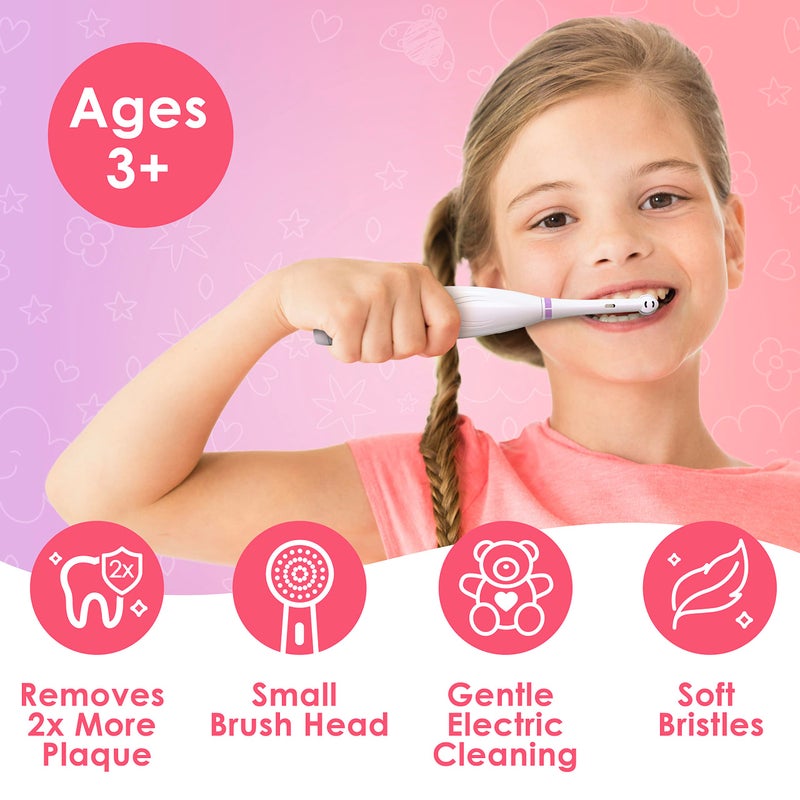 Brusheez مجموعة فرشاة الأسنان الكهربائية للأطفال من بروشيز - آمنة وفعالة للأعمار 3+ - تم اختبارها والموافقة عليها من قبل الآباء مع شعيرات لطيفة، رأسين للفرشاة، كوب شطف، مؤقت لمدة دقيقتين، وقاعدة تخزين (بريق اليونيكورن) - Image 2
