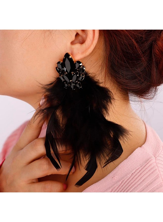 Denifery Long Feather Earrings Bohemian Earrings Multicolor Tassel Handmade Feather Earrings Dangling Earrings For Women And Girls (Black) - Image 2