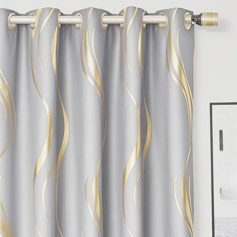 MYRU 1 Pair Luxury Wave Pattern Striped Blackout Curtains with Gold Foil Design, Grommet Top, Thermal Insulated Window Drapes(Light Gray and Gold, 2 Panels 54 x 84 Inch) - Image 1