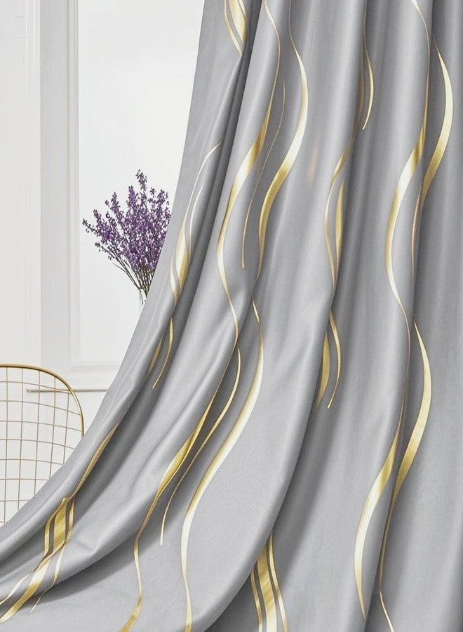 MYRU 1 Pair Luxury Wave Pattern Striped Blackout Curtains with Gold Foil Design, Grommet Top, Thermal Insulated Window Drapes(Light Gray and Gold, 2 Panels 54 x 84 Inch) - Image 2