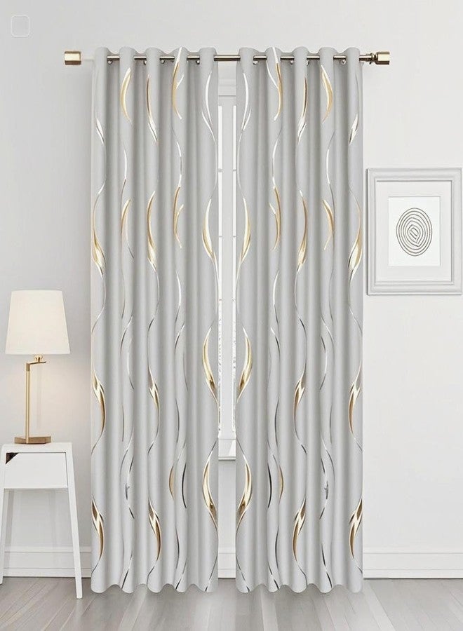 MYRU 1 Pair Luxury Wave Pattern Striped Blackout Curtains with Gold Foil Design, Grommet Top, Thermal Insulated Window Drapes(Light Gray and Gold, 2 Panels 54 x 84 Inch) - Image 4