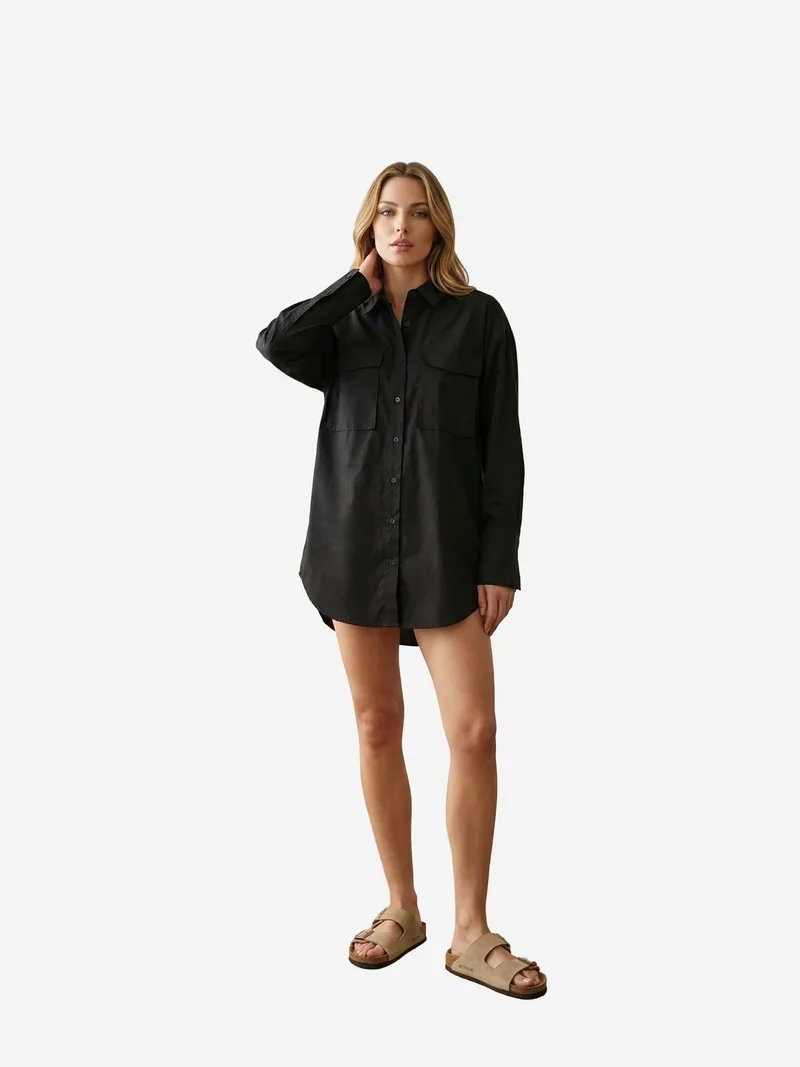 MY FASHION MY FASHION Oversized Long Sleeve Cotton Shirt with Pocket