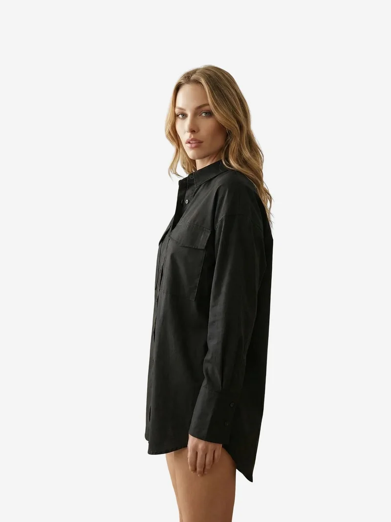 MY FASHION MY FASHION Oversized Long Sleeve Cotton Shirt with Pocket