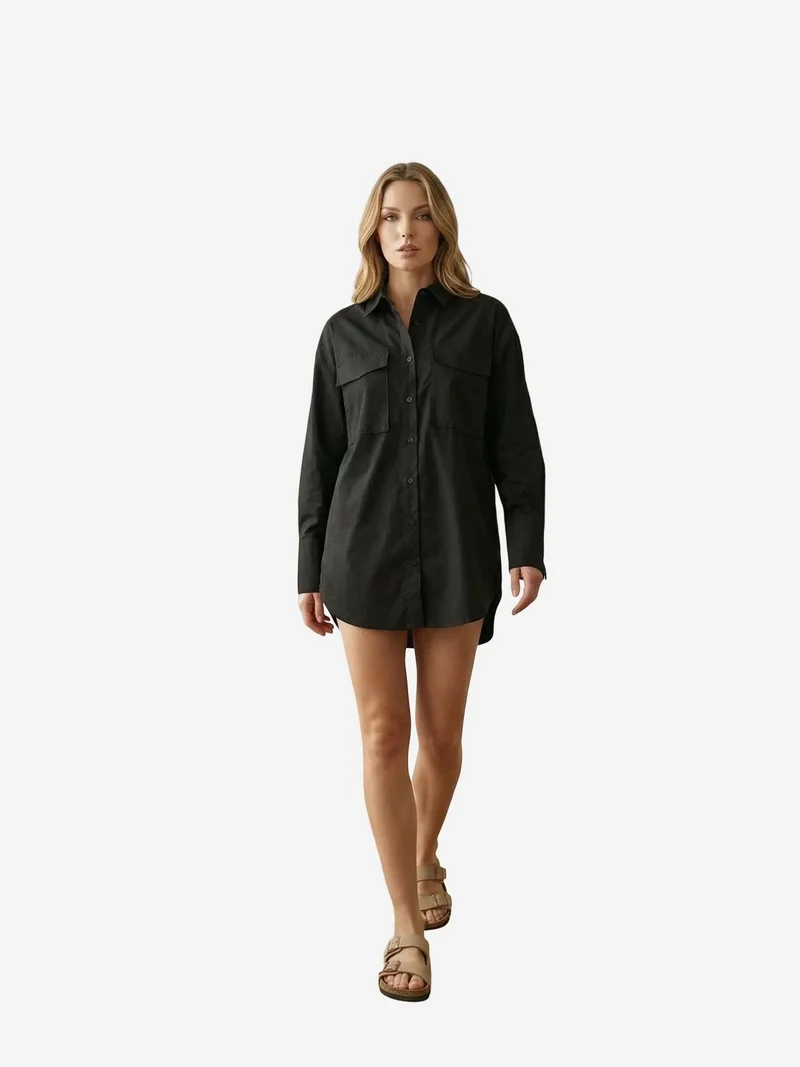My Fashion Black MY FASHION Oversized Long Sleeve Cotton Shirt with Pocket for Women | Best Price UAE