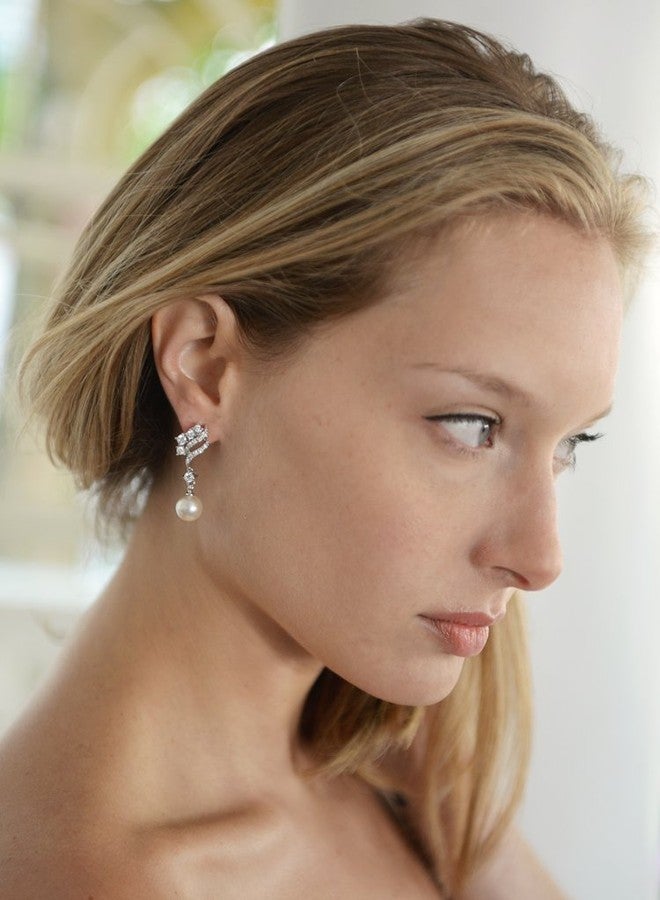 Mariell Pearl Clip-On Wedding Bridal Earrings, Cubic Zirconia Pearl Drop Earrings for Brides, Bridesmaid, - Image 3