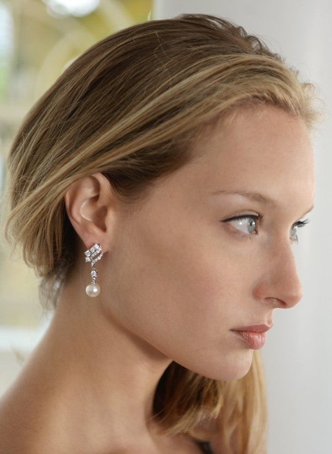 Mariell Pearl Clip-On Wedding Bridal Earrings, Cubic Zirconia Pearl Drop Earrings for Brides, Bridesmaid, - Image 4