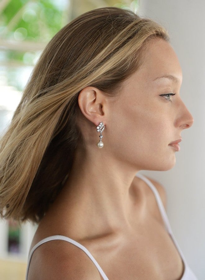 Mariell Pearl Clip-On Wedding Bridal Earrings, Cubic Zirconia Pearl Drop Earrings for Brides, Bridesmaid, - Image 2