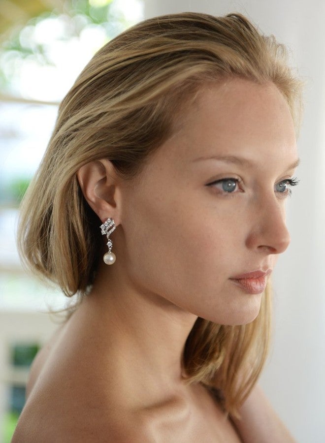 Mariell Pearl Clip-On Wedding Bridal Earrings, Cubic Zirconia Pearl Drop Earrings for Brides, Bridesmaid, - Image 5