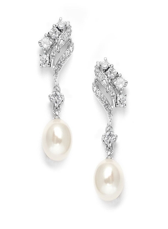 Mariell Pearl Clip-On Wedding Bridal Earrings, Cubic Zirconia Pearl Drop Earrings for Brides, Bridesmaid, - Image 1