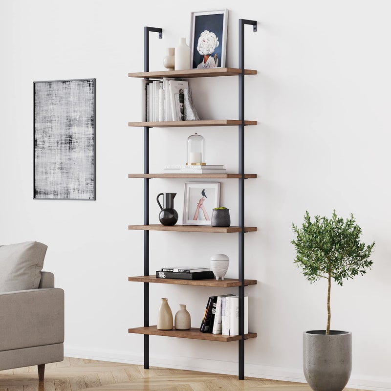 Nathan James Theo 6Shelf Tall Bookcase Wall Mount Bookshelf with Reclaimed Wood and Industrial Metal Frame OakBlack