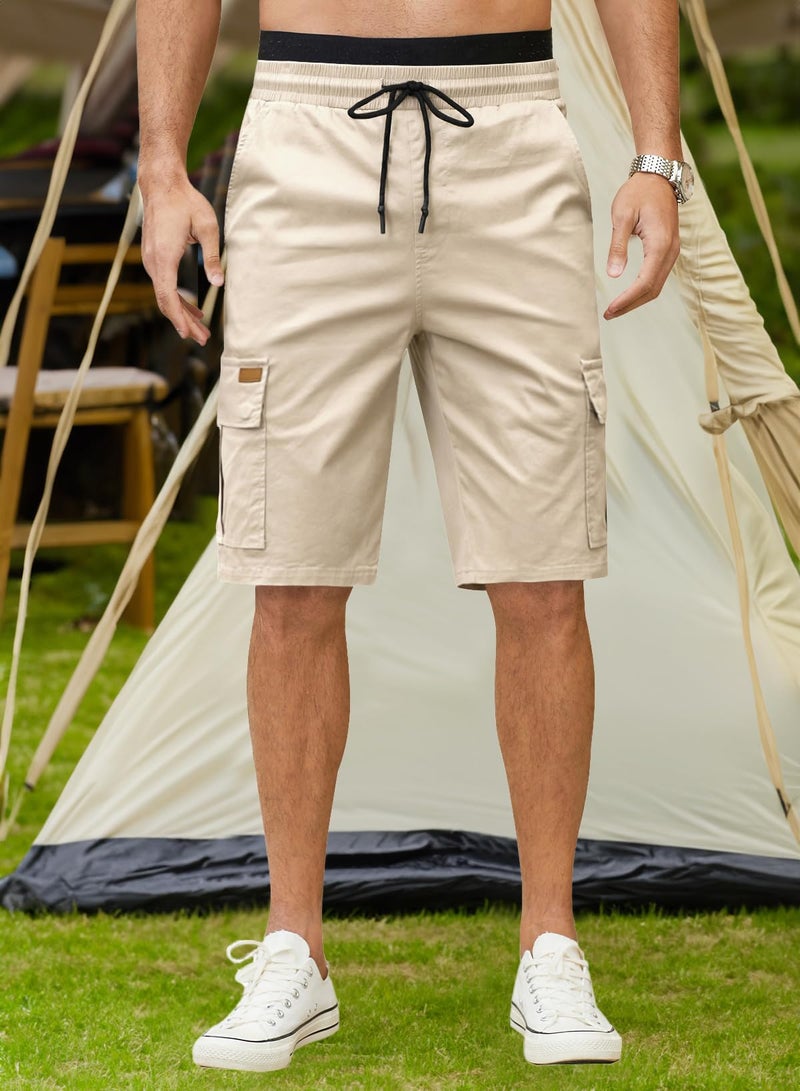 JMIERR Mens Casual Twill Cargo Shorts Cotton Drawstring Classic Cargo Chino Stretch Short with 6 Pockets for Men, US38(XL), A Apricot - Image 3
