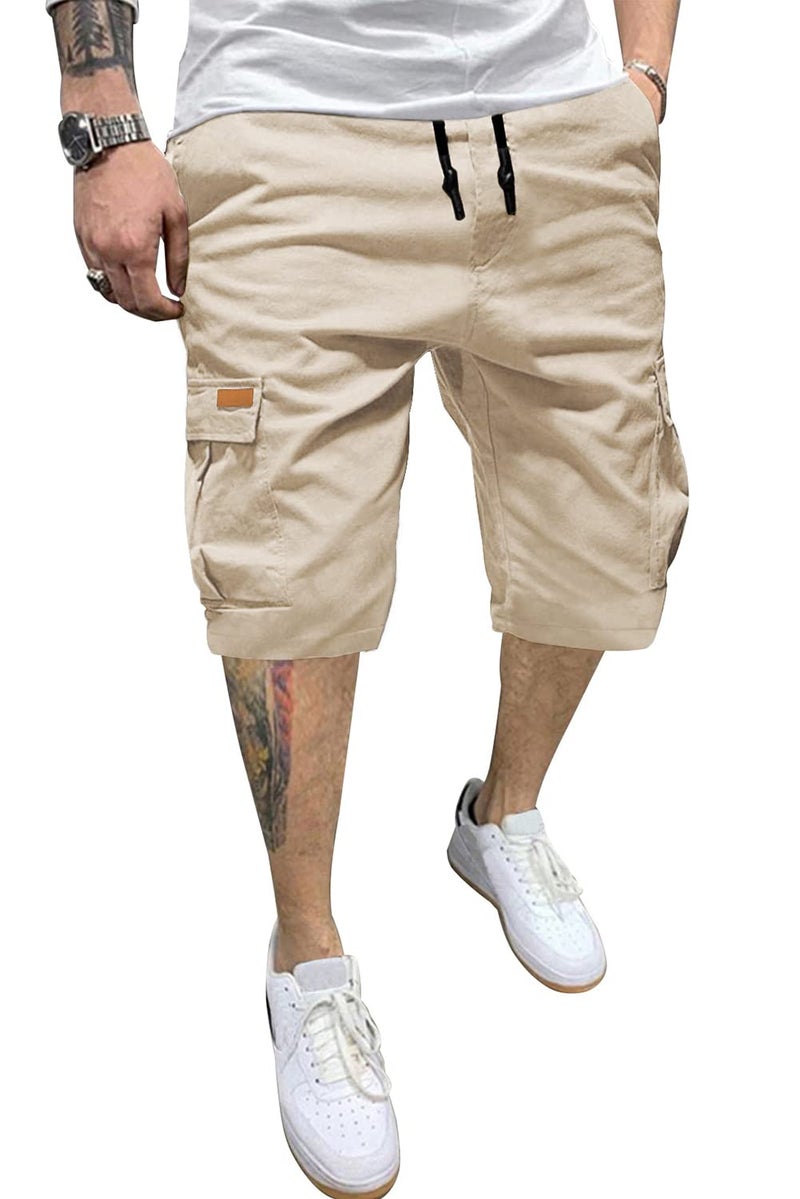 JMIERR Mens Casual Twill Cargo Shorts Cotton Drawstring Classic Cargo Chino Stretch Short with 6 Pockets for Men, US38(XL), A Apricot - Image 1